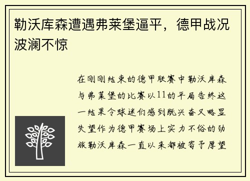 勒沃库森遭遇弗莱堡逼平，德甲战况波澜不惊